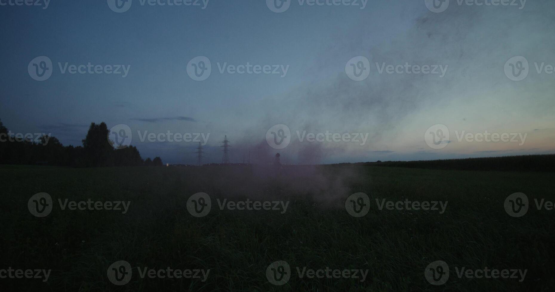 A young woman blows pink smoke standing in a field on a summer evening. She runs and spins around herself photo