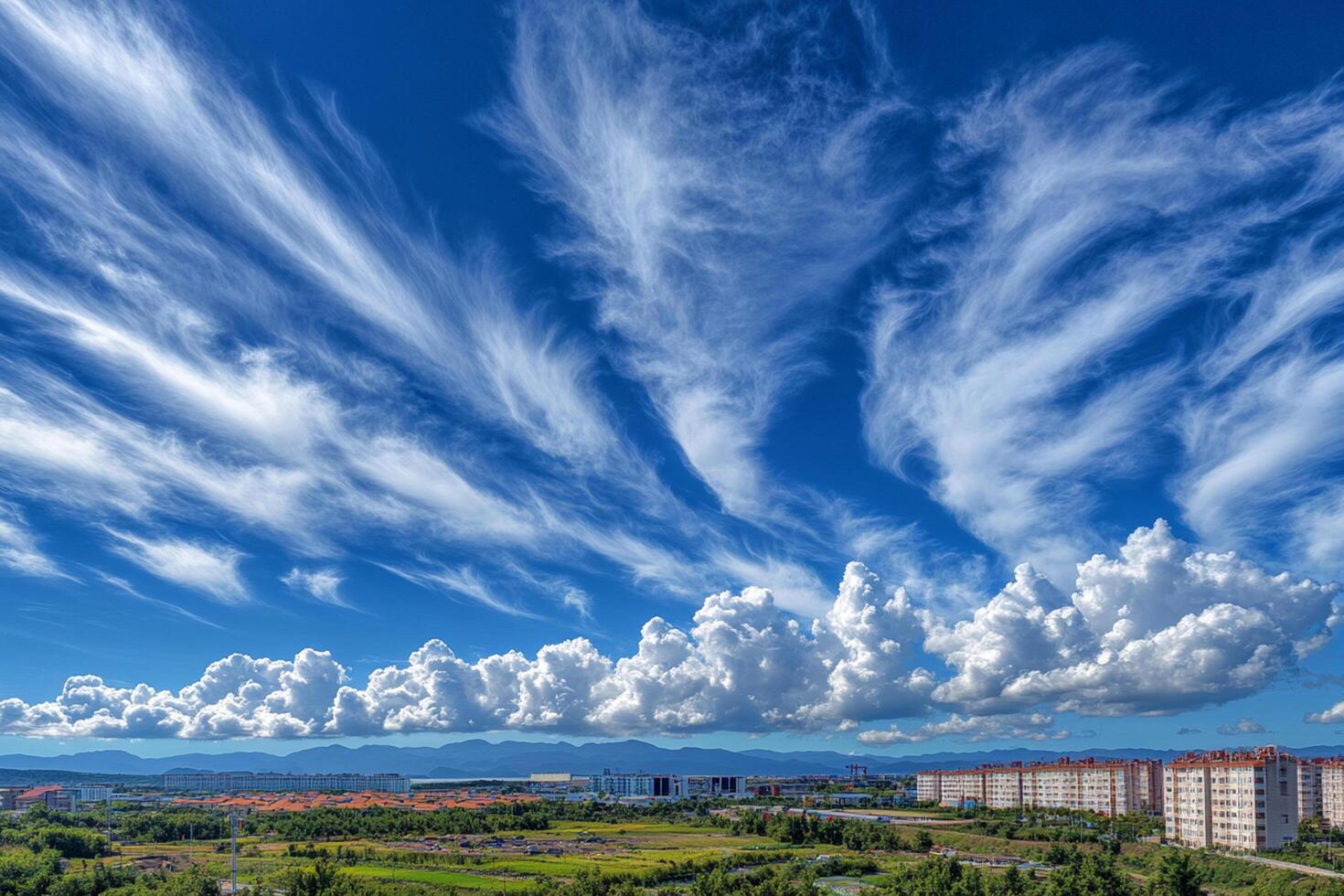 Beautiful cloud patterns over a peaceful urban landscape with mountains in the background during the day photo