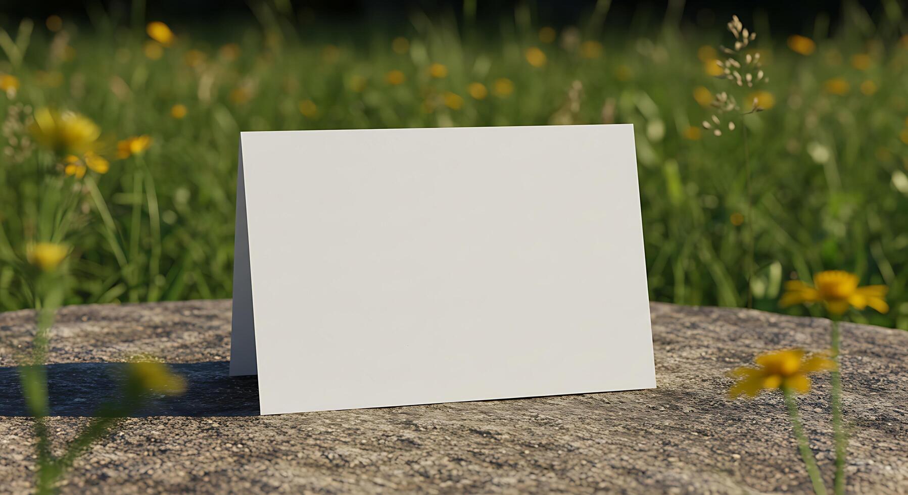 Blank card mockup on a rock in a field photo
