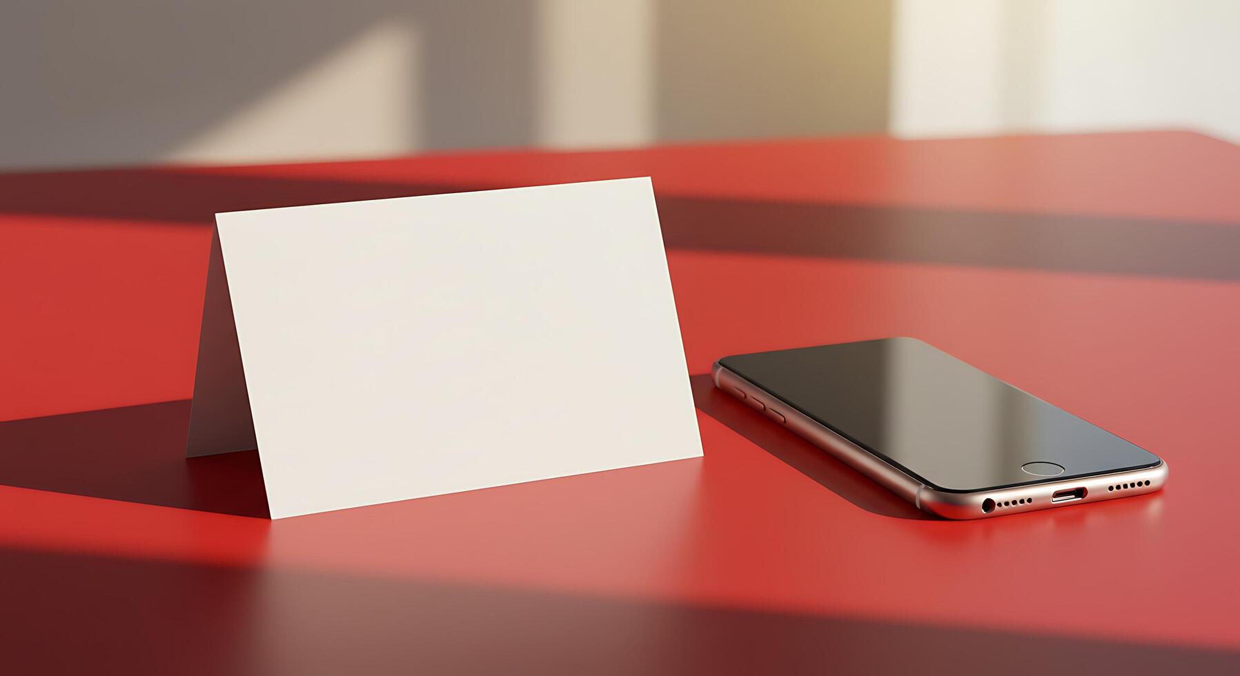 A white card and a cell phone on a red table photo