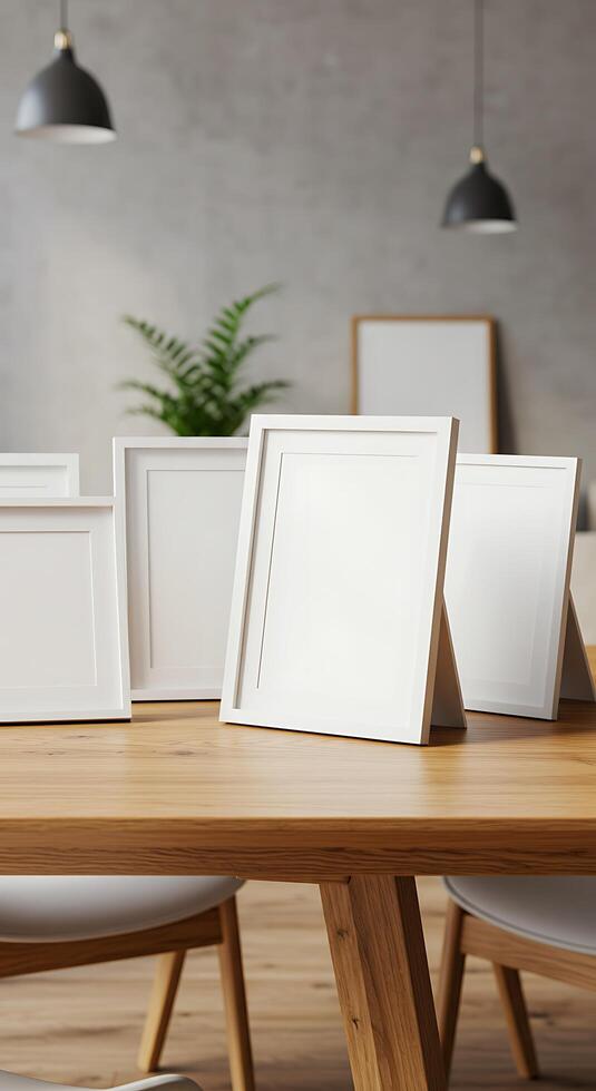 White frames on a wooden table in a room photo