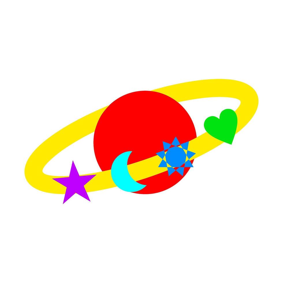 Colorful illustration of a planet with rings and various symbols representing nature and emotions vector