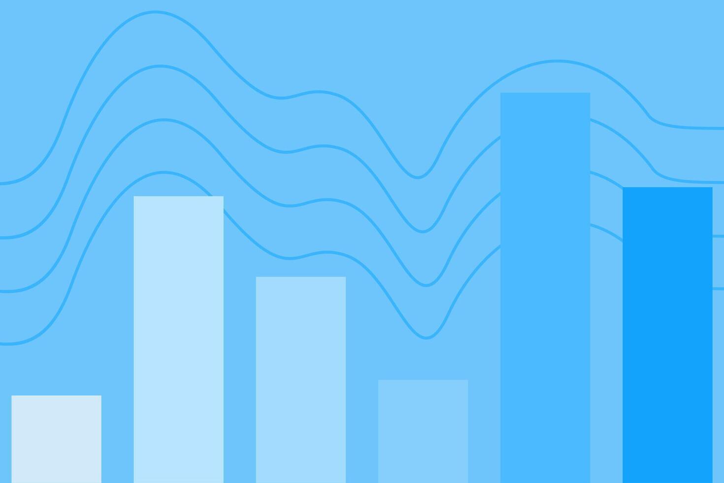 Data visualization shows trends in numbers with blue bars and flowing lines in a clear blue background vector