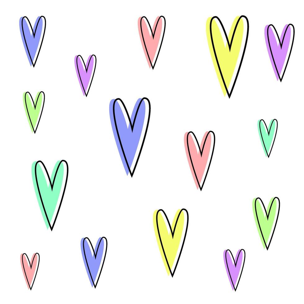 Colorful heart shapes scattered on a white background creating a playful and vibrant design vector