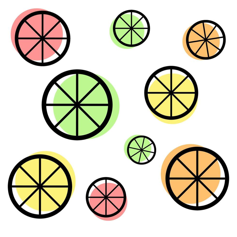 Colorful geometric slices of fruit against a white background create a vibrant and playful pattern vector
