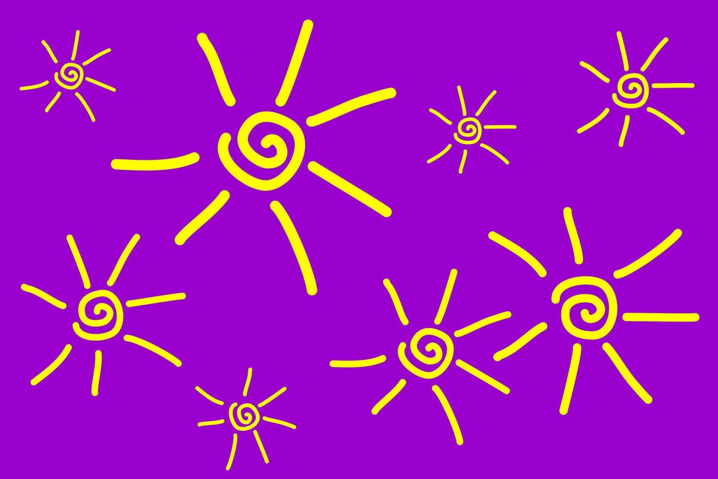 Colorful sun patterns on purple background evoke joyful summer vibes in a playful design vector