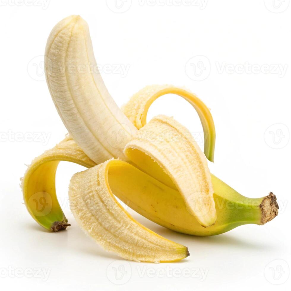 Partially peeled ripe banana isolated on white background photo