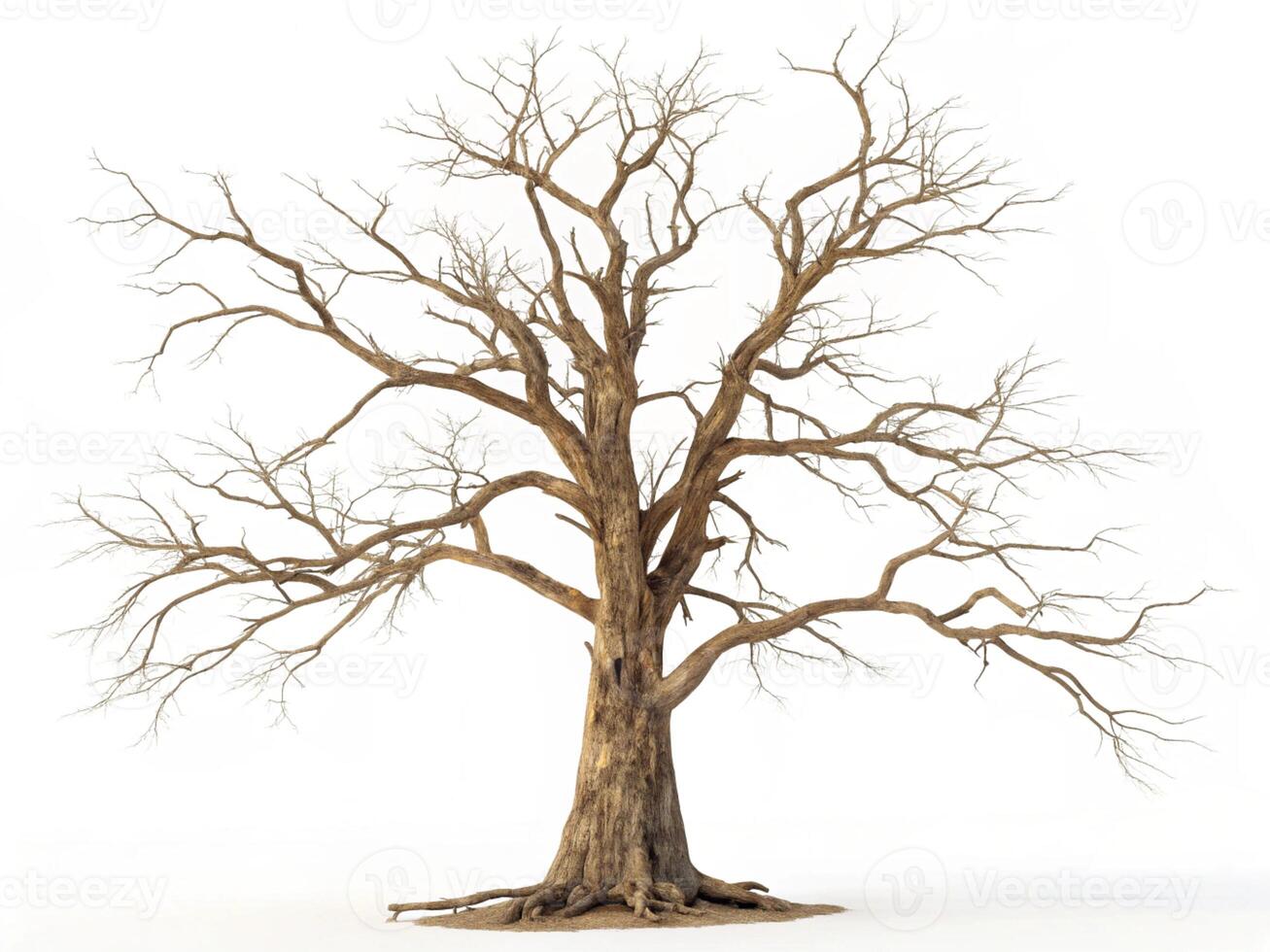 Isolated image of a large leafless old tree against a white background photo
