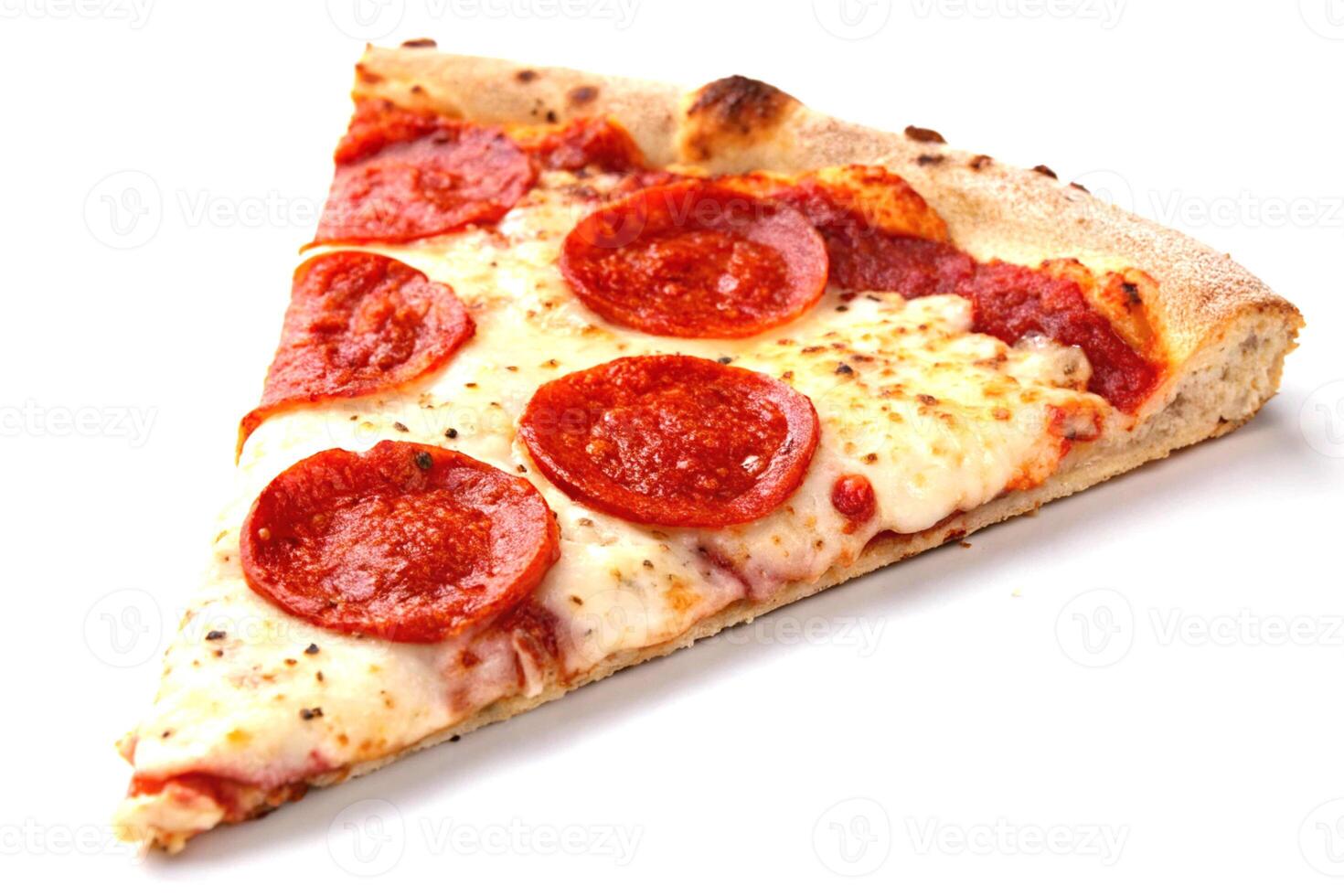 A single slice of delicious pepperoni pizza on white background photo