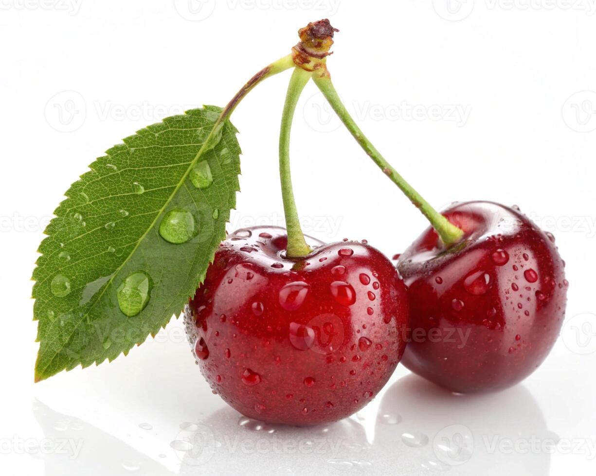 Two juicy cherries with dew drops and leaf isolated on white background photo