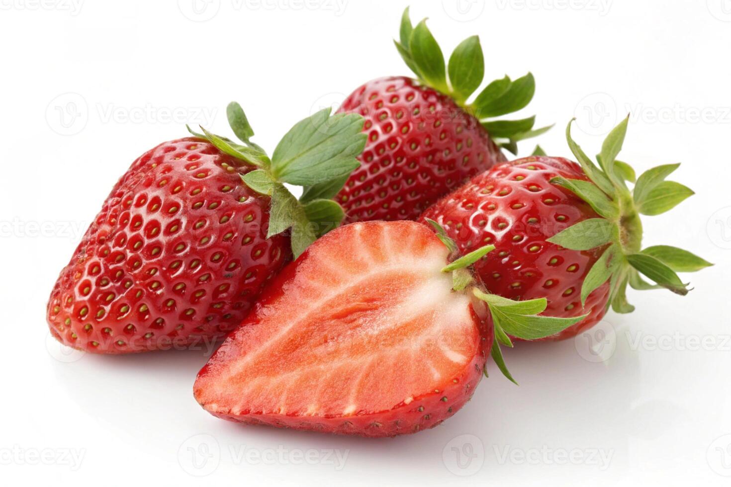 Three juicy strawberries and a half one isolated on white background photo