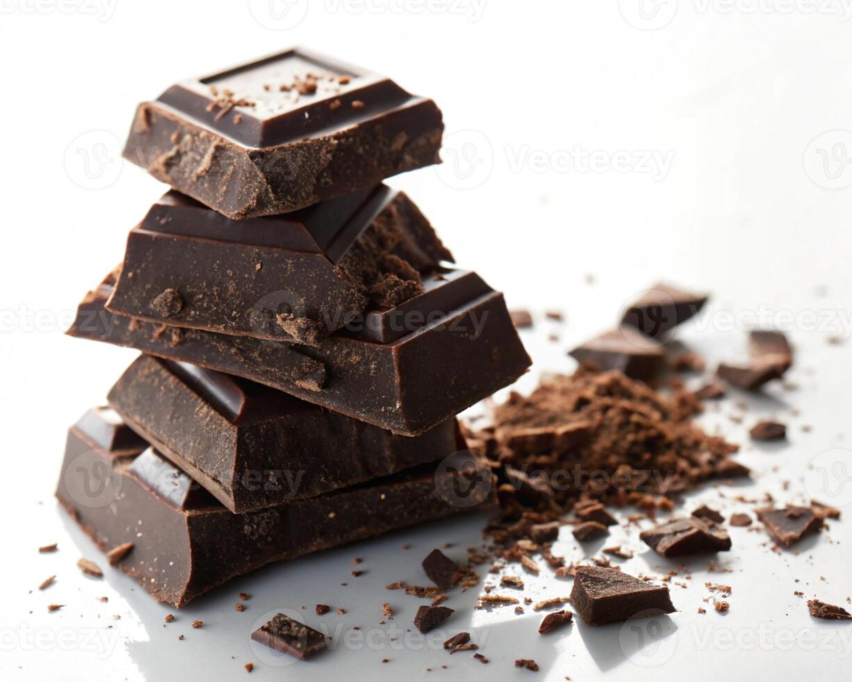 Stack of dark chocolate pieces and cocoa powder isolated on white background photo