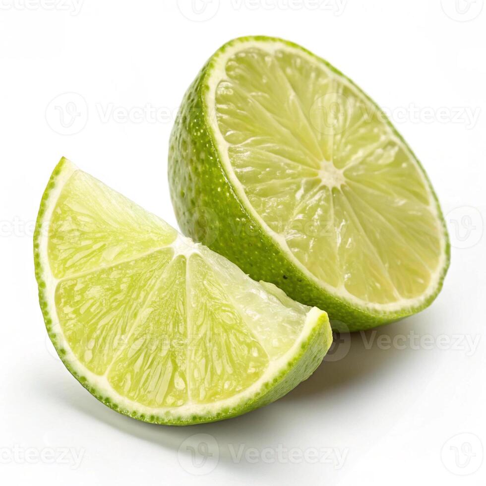 Fresh lime slices half and wedge isolated on white background photo
