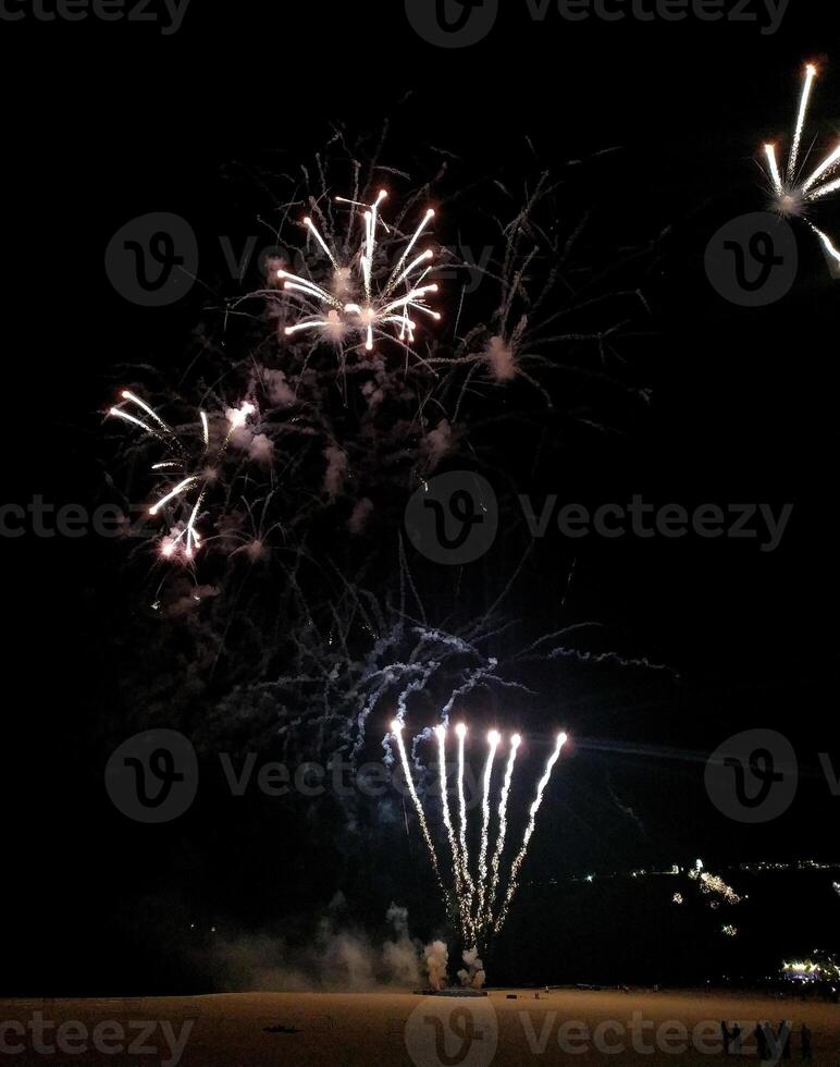 Spectacular fireworks display exploding against a dark night sky. Multiple bursts of light create a vibrant and dynamic scene perfect for celebratory or event-related projects. photo
