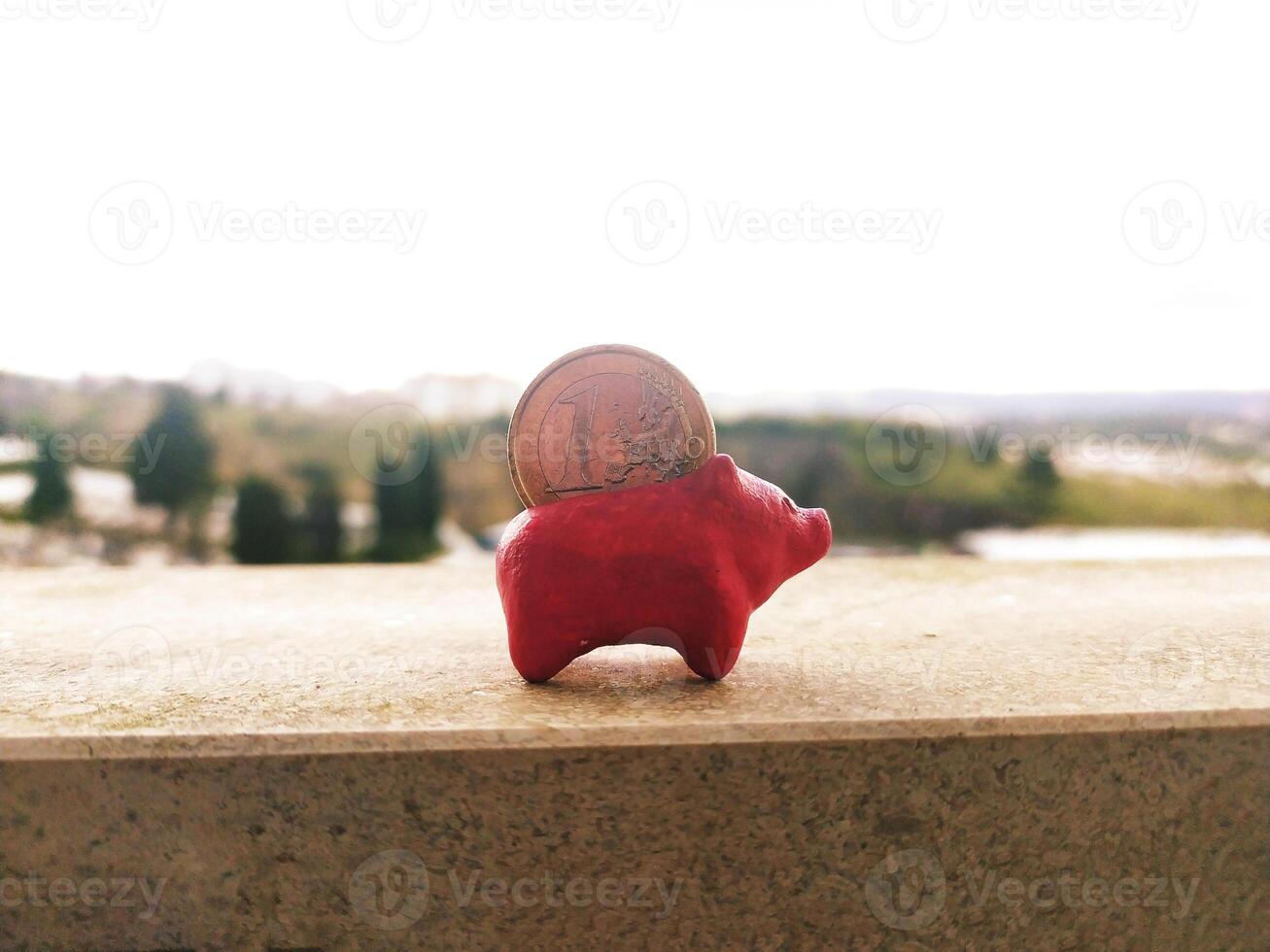 Conceptual image representing savings and investment. A small, red piggy bank holds a coin against a blurred, natural backdrop. Ideal for finance and growth concepts. photo
