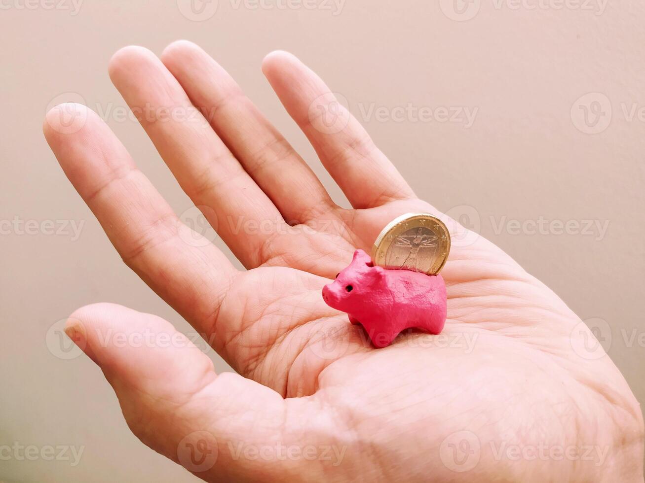 Hand holding a small pink piggy bank with a coin. Concept for saving, investment, finance, and childhood. Good for illustrating financial literacy. photo