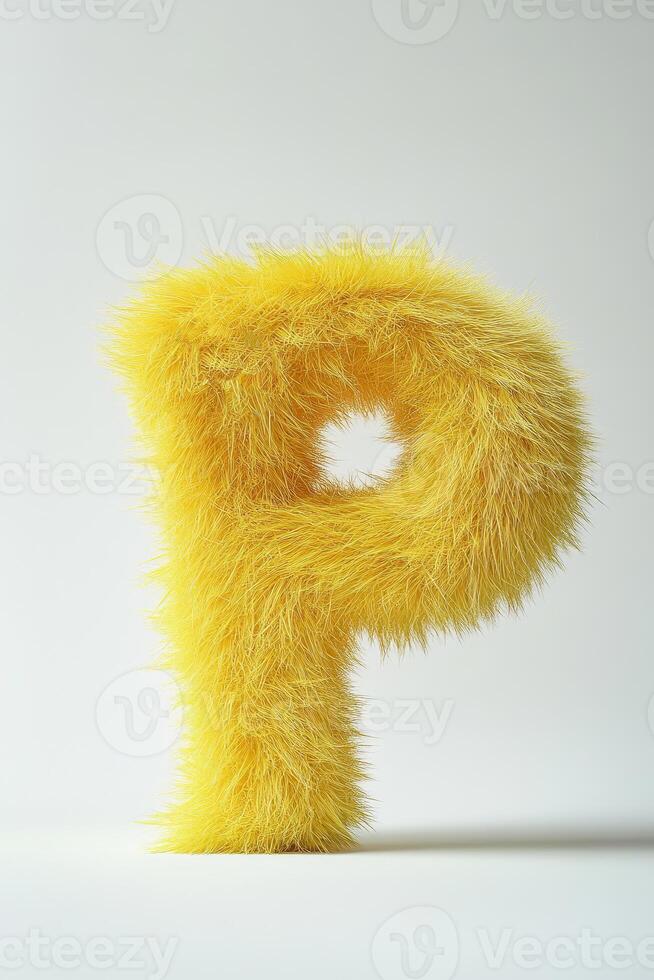 A bright yellow fluffy letter P creates a cheerful focal point against a pristine white background, showcasing its soft texture and vivid hue photo