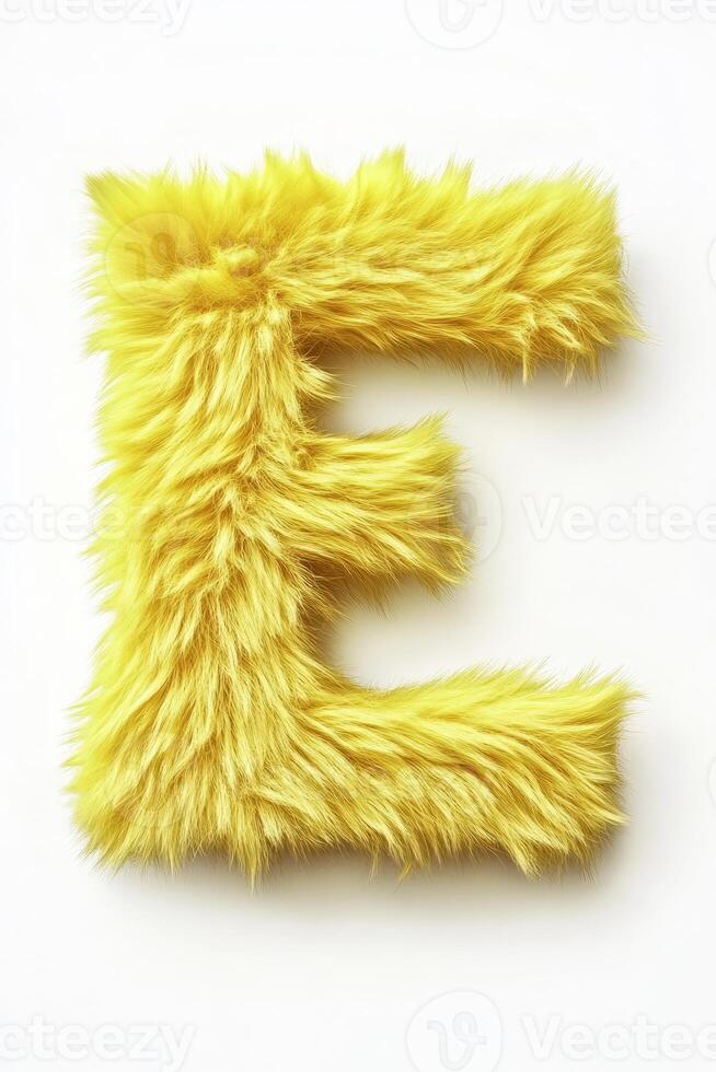 Soft and fluffy letter E in bright yellow color stands out against a clean white backdrop, ideal for playful designs or learning materials photo