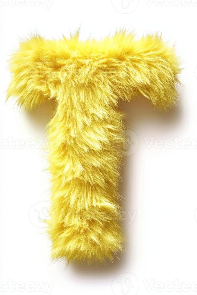The fluffy yellow T stands out against a pure white background, showcasing its bright color and soft texture, perfect for playful designs photo