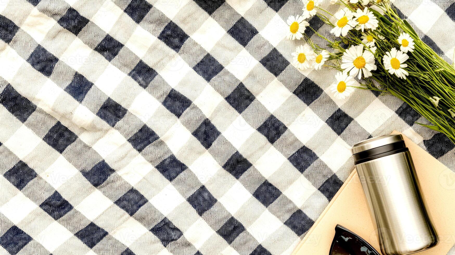 Enjoying a peaceful picnic on a checkered blanket adorned with a thermos and a bouquet of fresh daisies under the sun. photo