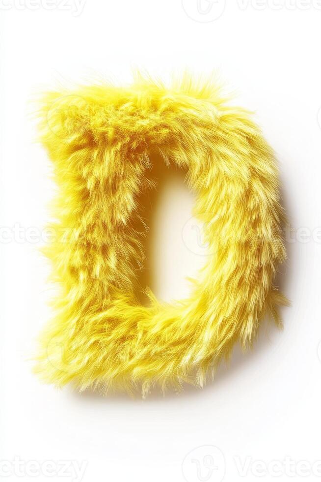 The soft, fluffy yellow letter D stands out against a pristine white background, showcasing a playful and inviting design photo