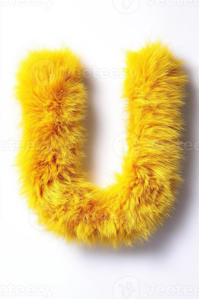 A vibrant yellow fluffy letter U stands out against a pure white background, perfect for creative decorations or gifts photo
