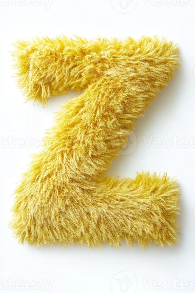 A bright yellow letter Z made from fluffy fur rests on a clean white background, adding a playful touch to the setting photo