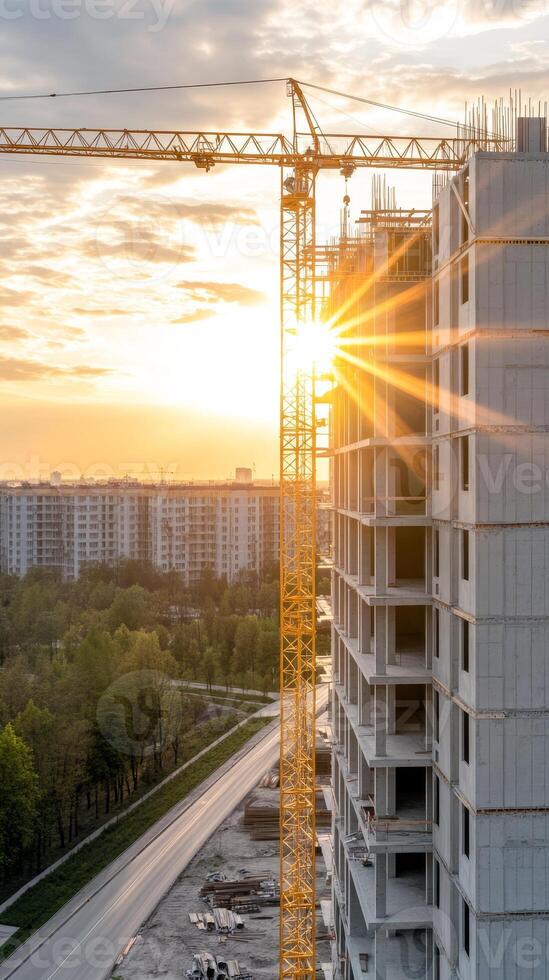 Cranes tower over a construction site as the sun sets, casting warm light on the developing structure and surrounding landscape photo