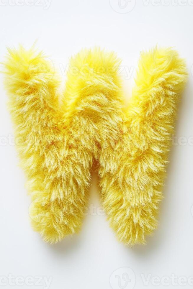 A vibrant yellow fluffy letter W stands out against a clean white background, adding a playful touch to any decor or craft project photo