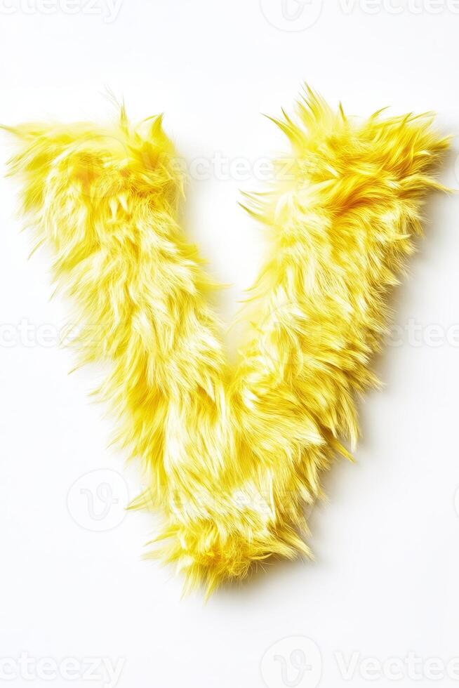Vibrant yellow letter V crafted from soft, fluffy fur stands out against a bright white background, creating a playful and cheerful aesthetic photo