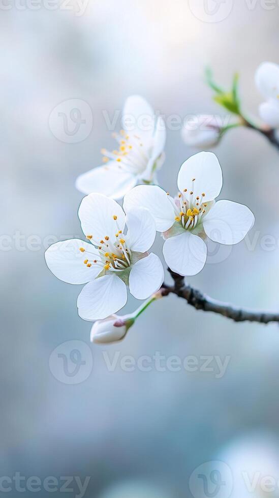 Delicate white almond flowers bloom on a branch, symbolizing renewal and hope in a tranquil outdoor setting during springtime photo