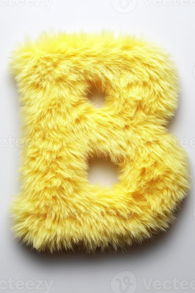 A vibrant yellow letter B made of soft fluffy material stands out against a clean white background, adding a touch of fun and color photo