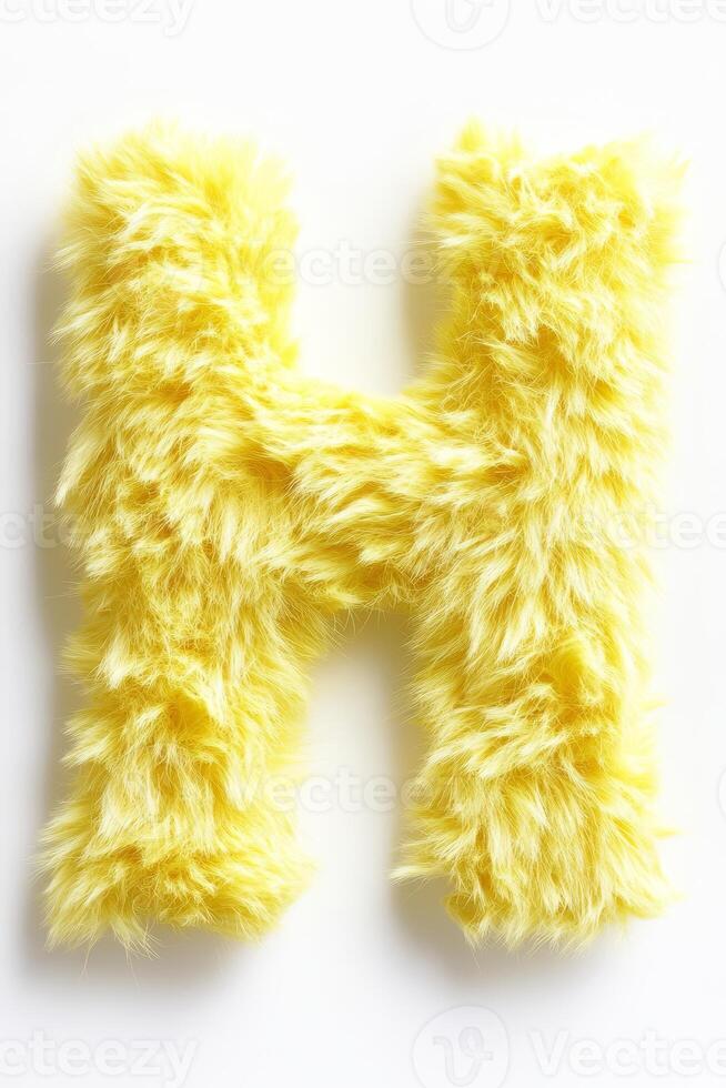 Bright and fluffy yellow letter H against a clean white background highlights its playful texture and color, creating a cheerful display photo