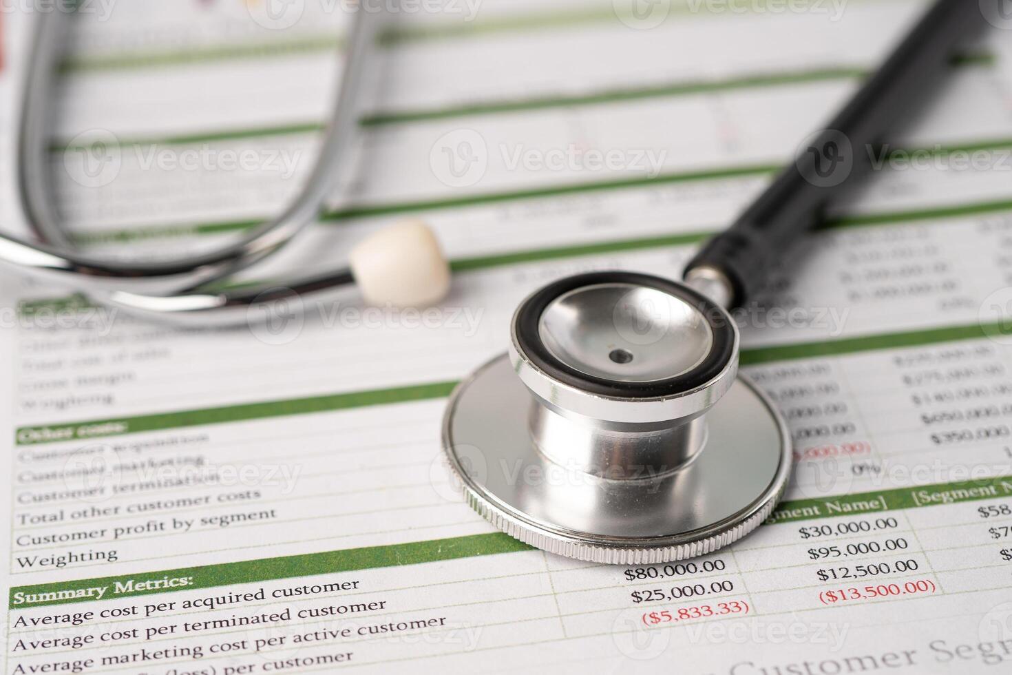 Stethoscope on spreadsheet paper, Finance, Account, Statistics, Investment, Analytic research data economy spreadsheet and Business photo
