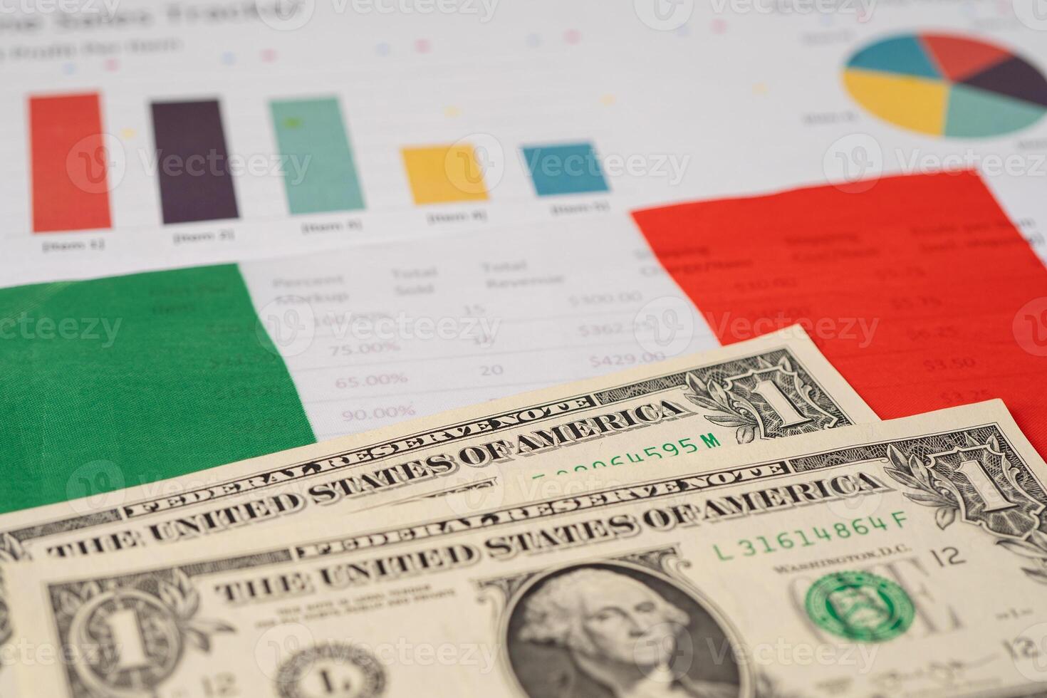 US dollar banknote on Italy flag with graph background, Business and finance concept. photo