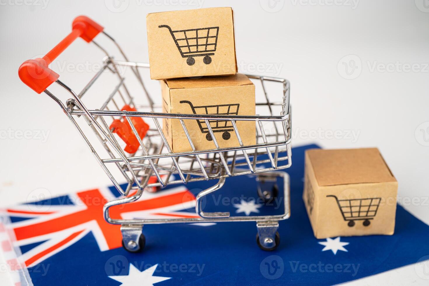 Box with shopping cart logo and Australia flag, Import Export Shopping online or eCommerce finance delivery service store product shipping, trade photo