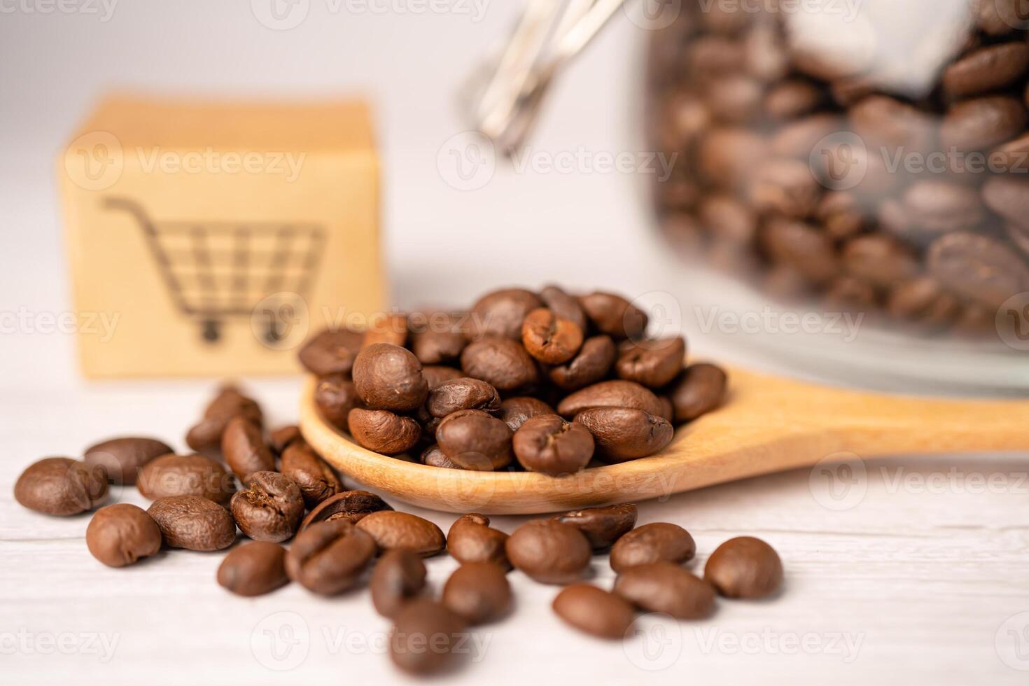 Box with shopping cart logo symbol on coffee beans, Import Export Shopping online or eCommerce delivery service store product shipping photo