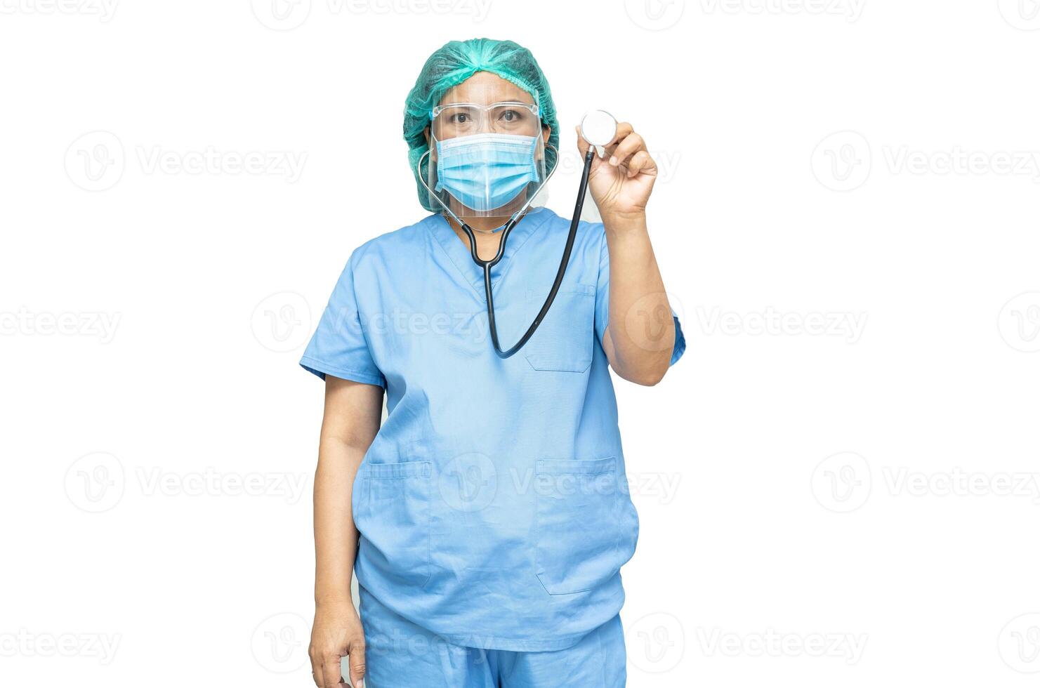 doctor wearing face shield and PPE suit new normal on white background with clipping path to check patient protect safety infection Covid-19 Coronavirus outbreak at quarantine nursing hospital. photo