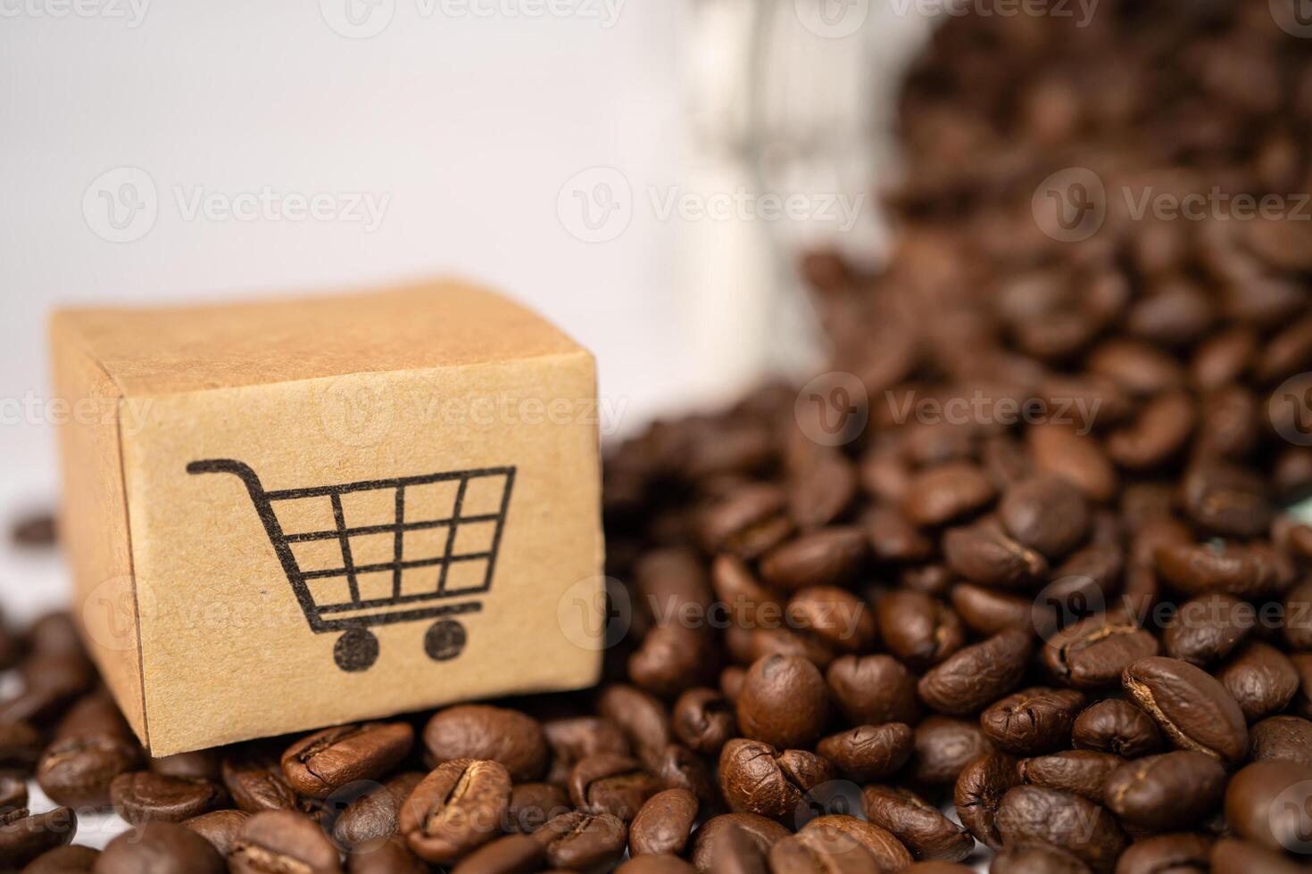 Box with shopping cart logo symbol on coffee beans, Import Export Shopping online or eCommerce delivery service store product shipping, trade photo