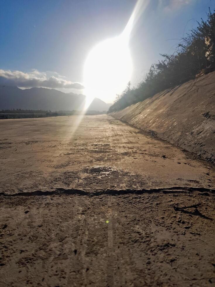 Nature is charming along a long path at sunset. In a closer view of the ground, the sky glows as the sun illuminates the path with warm golden light, creating an intimate perspective of the floor. photo