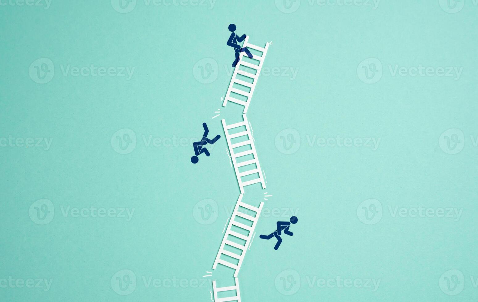 Ladders fall with people. Concept of business or agreement collapse. Mission failure, group collapse and disintegration. Unfair competition hurts business. Organizational failure, competitive sabotage photo