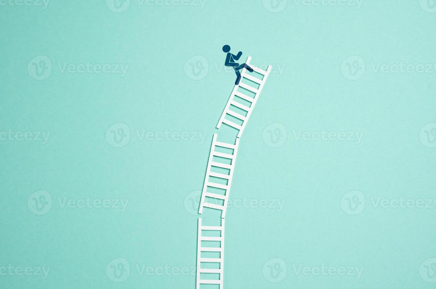 A precarious state of success. Ladders break and the person may fall. Risk, instability, or fragile achievements in business, leadership, or personal growth. Missing critical support systems photo