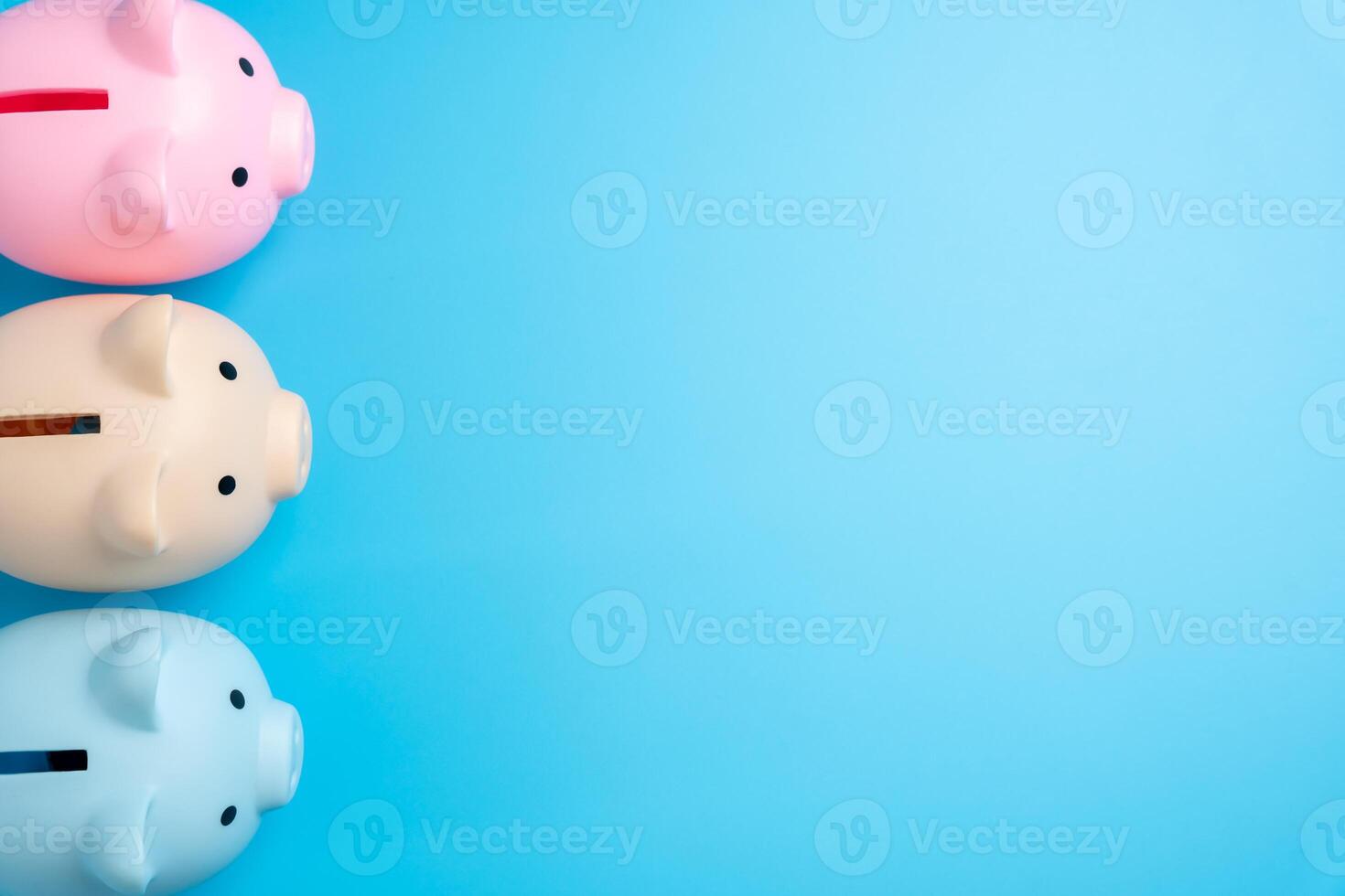 Three Piggy Banks and Copy Space. Save on discounts in shopping. Savings and diversification. Financial literacy and security. photo