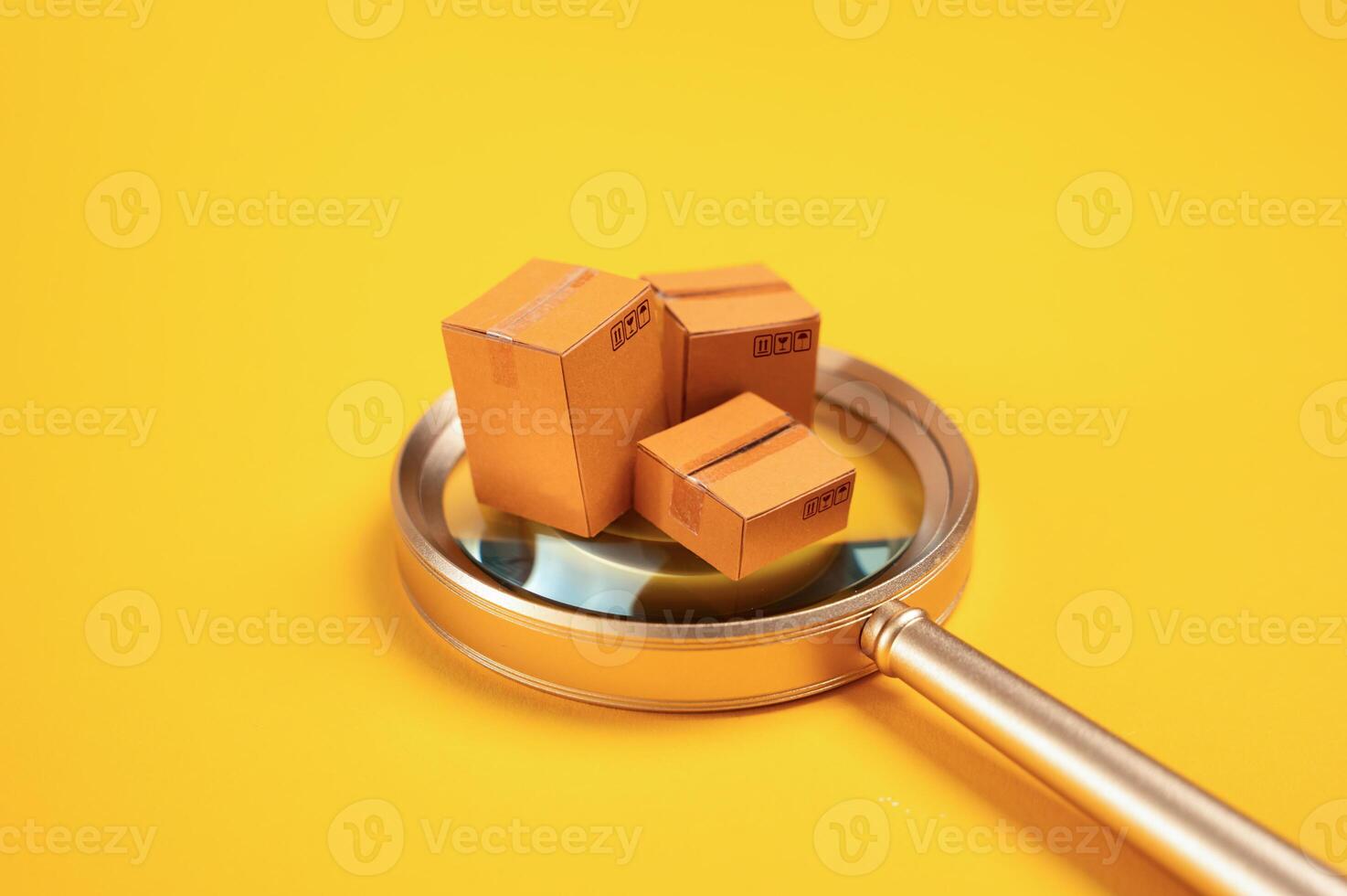Boxes with goods under a magnifying glass. Quality control. Customs, duties and tariffs. Monitoring prices and consumer demand. Logistics, retail, and international commerce. Market oversight. photo