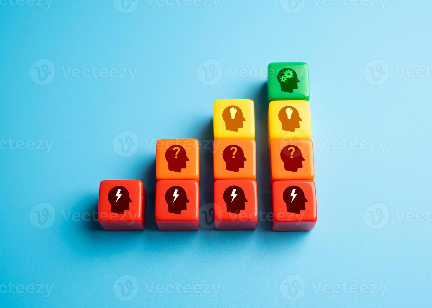 Reaction, identify the problem, come up with an idea and work on solving it. Noticing the issue, analyzing it, brainstorming a solution, and executing a plan. Personal growth. Innovation and action. photo