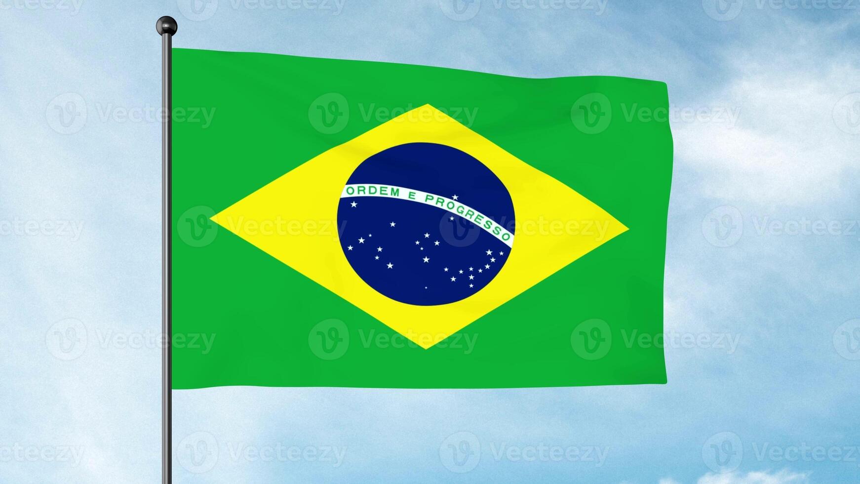 3D Illustration of The flag of Brazil, Verde e amarela, Auriverde, is a blue disc depicting a starry sky inscribed with the national motto Ordem e Progresso, within a yellow rhombus, photo