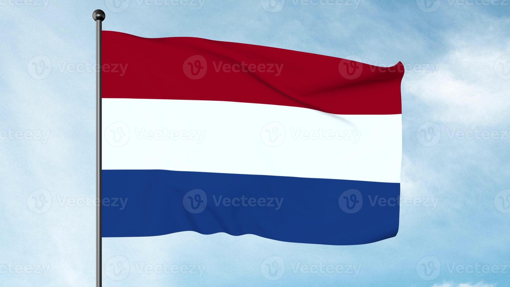 3D Illustration The flag of the Netherlands is a horizontal tricolour of red, white, and blue. The current design originates as a variant of the late 16th century orange-white-blue Prinsenvlag, photo