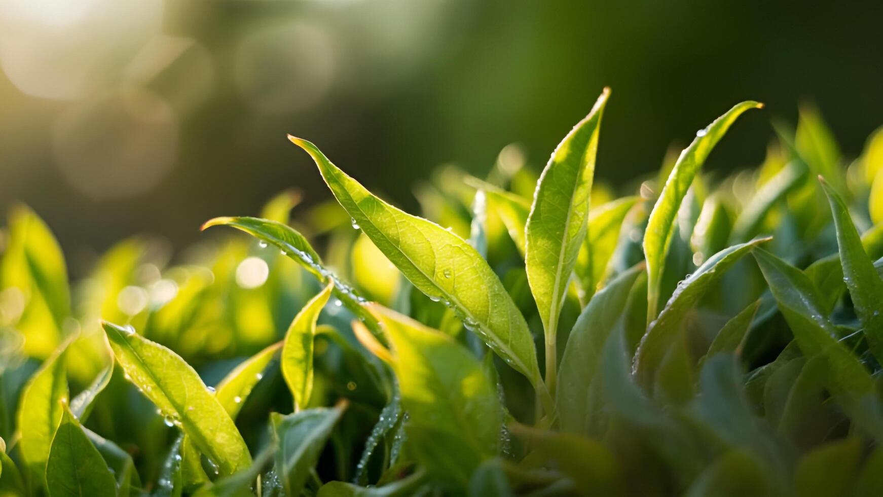 Close-up of fresh green tea leaves with water droplets, soft bokeh background, natural light photo
