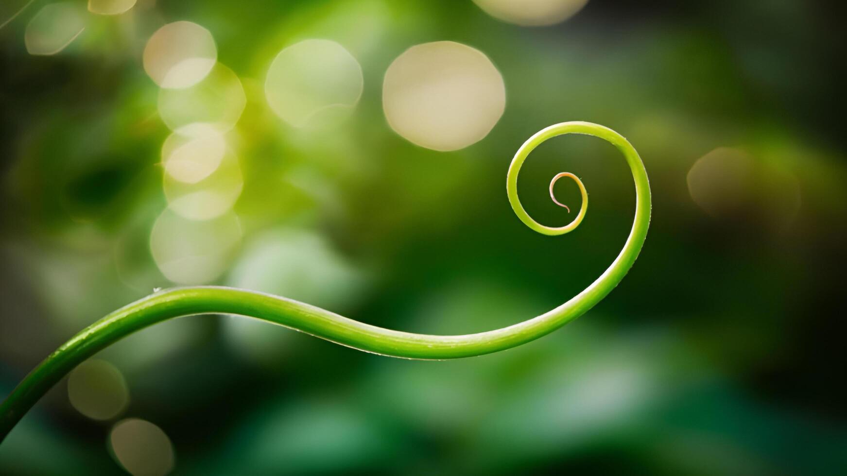 Zoomed-in view of a vine tendril curling, vibrant green, dreamy bokeh backdrop photo