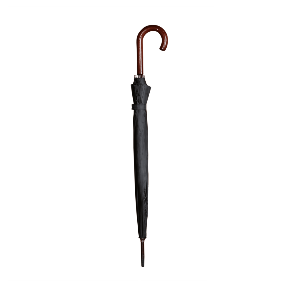 Closed Wooden Hook Handle Black Umbrella on Transparent background. Black Umbrella with wooden handle png